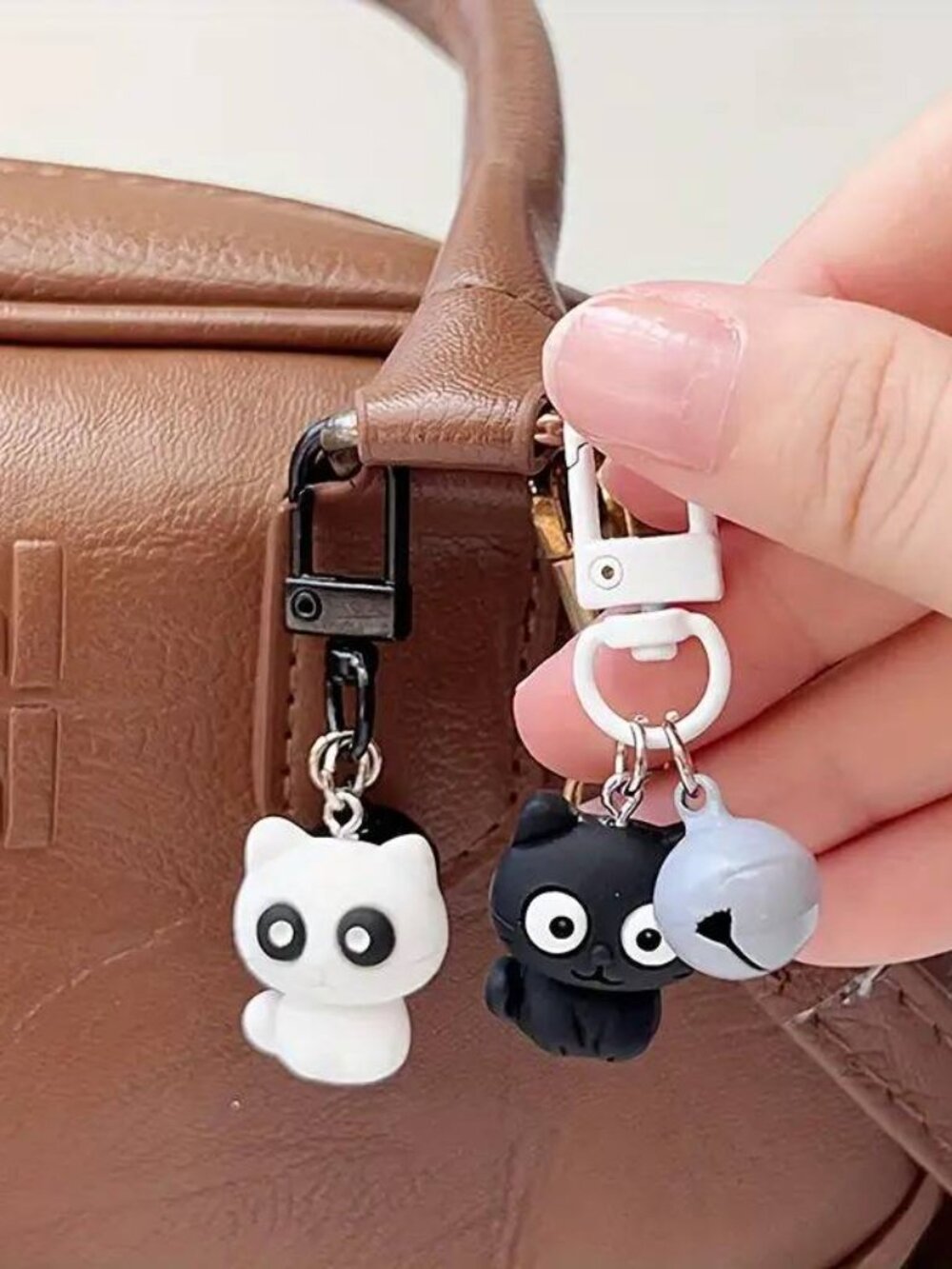 Set of 2 Black & White Cat PVC Keychains with Metal Clasps - Picture 4 of 7